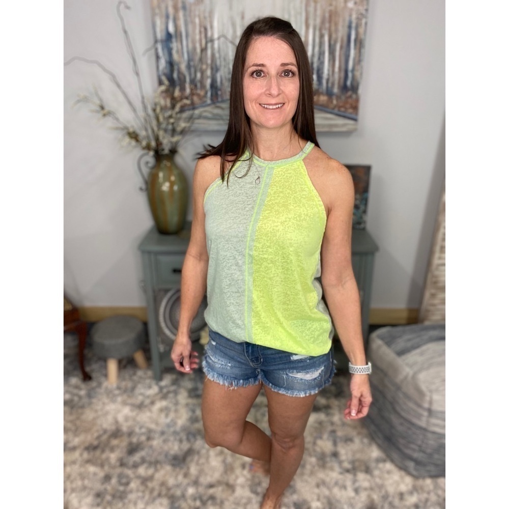 Halter Color Block Racerback Burnout Scoop Neck Tank Neon Yellow Sage 0622